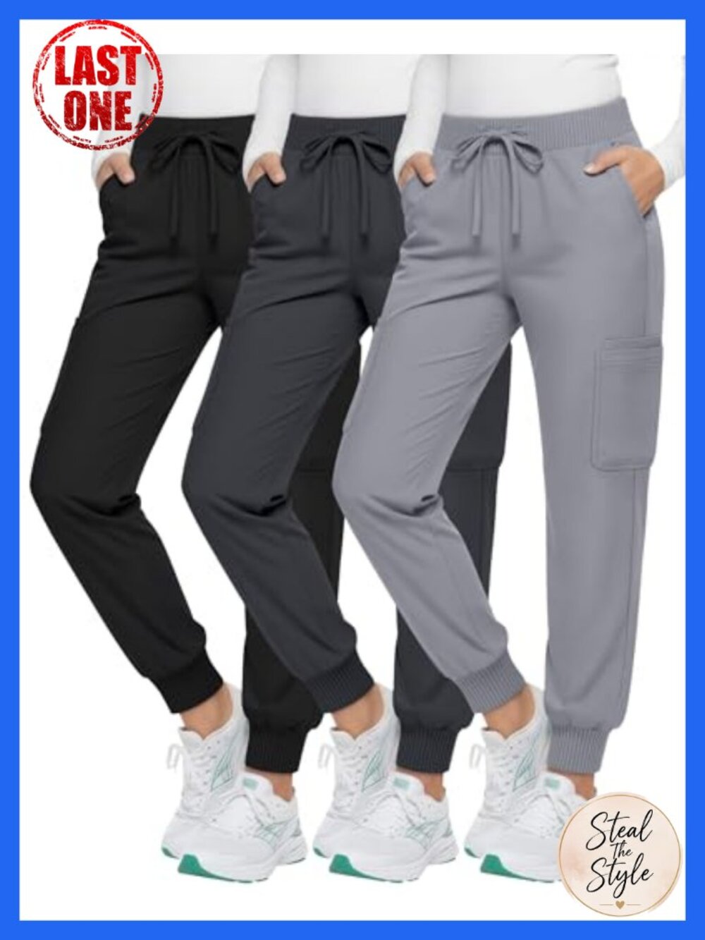 3 Pack Womens Scrub Cargo Jogger Pants Drawstring Multi Pocket Cuffed